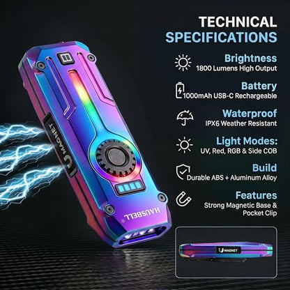 HAUSBELL Flat EDC Flashlight,1800 Lumen UV Magnetic Rechargeable Pocket | Stepless Dimming Dial,Stainless Steel Body,RGB+UV,USB-C Fast Charge,Magnetic Base,Waterproof, for Work,Camping & Emergency - color: Iridescent