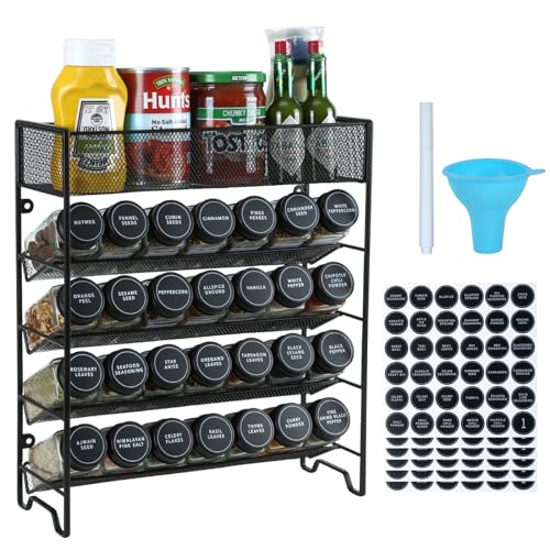 Skiileor Spice Rack Organizer with 28 Spice Jars, Black Lids，Spice Labels, Chalk pen and Funnel Set for Cabinet, Countertop, Pantry, Cupboard or Wall Mount - color: Black