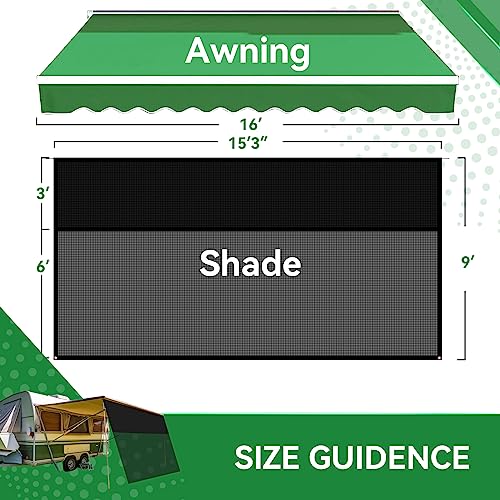 RV Awning Shade Screen with Zipper 9' x 15'3'', 600D Oxford Top + Mesh Bottom, RV Sun Shade Screen for Awning, RV Shade Complete Kits for Trailer Camper - size: 9’ x 15’3”