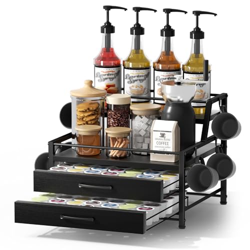 Homsorout Coffee Syrup Rack Organizer - 4-Tier 8 Syrup Wine Bottles Stand with 82 Storage Drawer for K Cups, Coffee Pod Holder for Countertop, Bar Station, Kitchen, Black - color: Black