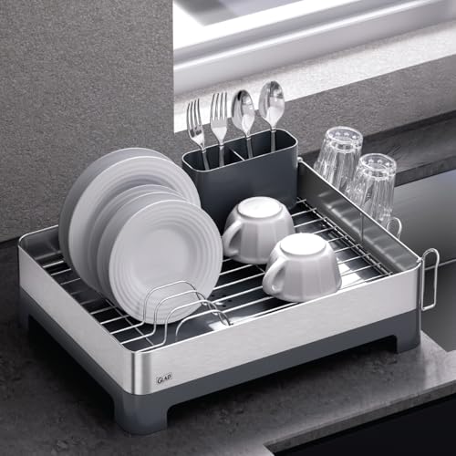 Glad Stainless Steel Dish Drying Rack - Large Space Saving Dish Drainer with Removable Cutlery Holder - Rust-Resistant Metal Rack with Adjustable Drain Spout for Kitchen Countertops, (12.6”W x 17.7”L) - size: Full Size