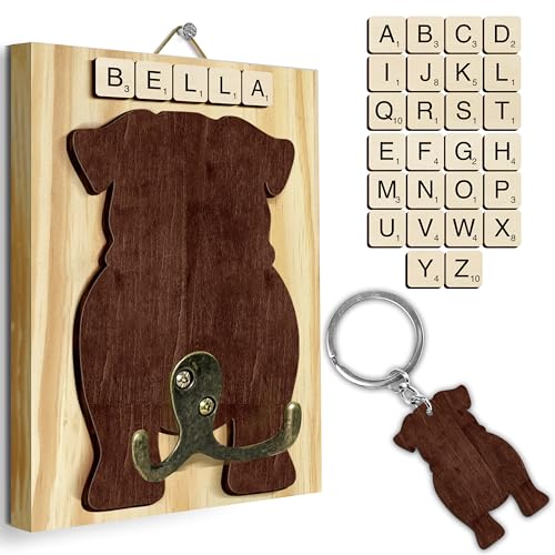 Pug Dog Leash Holder Wall Mount with Scrabble Letters, Wooden Dog Wall Hook Organizer, Pet Collar and Harness Holder for Entryway, Key Hook and Leash Rack, Pet Lovers Gift Home Decor PF297-58 - color: Pug, size: 7.8″ x 5.5"