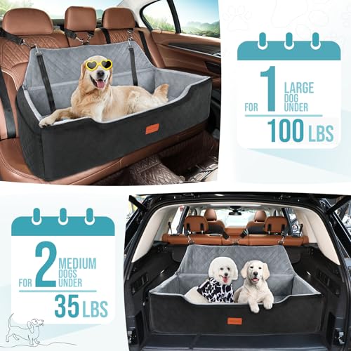 HEGGCOOE Large Dog Car Seat Under 100 lbs, Washable Dog Car Bed for 2 Medium Dogs, Detachable Pet Booster Seat with Storage Pocket and Seat Belt for Back Seat Dog Travel Bed - color: Black/Grey