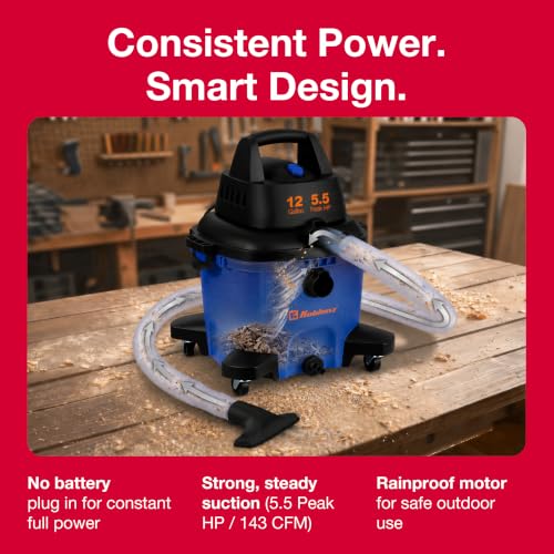 Koblenz WD-12 L4 Wet Dry Vacuum Cleaner, 12 Gallon 5.5 PHP, 3-in-1 Suction & Blower, 32 ft Reach, Drain Plug, Large Vacuum Cleaner for Car, Shop Vacuum Wet and Dry, Click-N-Lock Hose, Blue/Black - size: 12 Gallon 5.5 HP