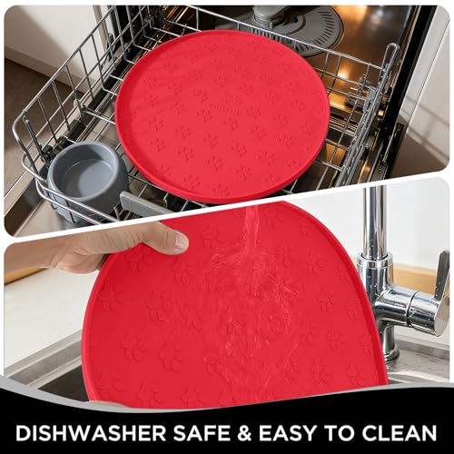 Comtim Waterproof Dog Food Mat - 2 Pack Silicone Pet Food Mat Dog Food Bowl Mats Cat Water Mats Eating Tray, Non-Slip Pet Placemat with Lip for Messy Drinkers to Protect Floor, Red 11"×11" - color: Red