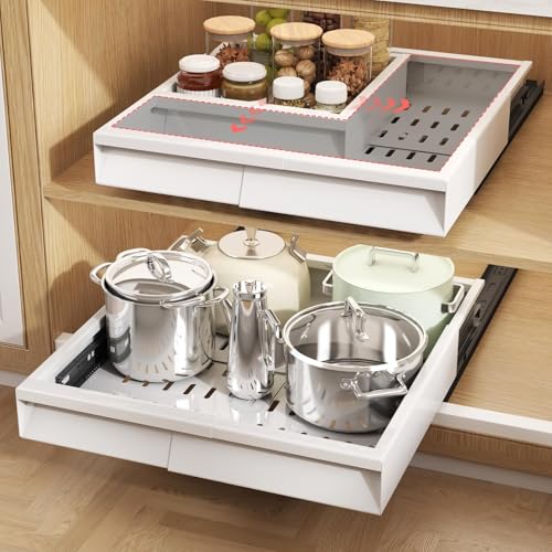 Seinloes Pull Out Cabinet Organizer, 4-Side Expandable to Fit Most Cabinets, 3 Rail Slide Out Drawers with Raising Pad for Framed & Frameless Cabinets, 11"-16" W x 13"-17" D, White, 2 Pack - color: White, size: 11"-16"W x 13"-17"D(2Pack)