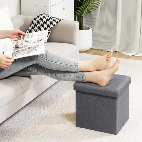B FSOBEIIALEO Storage Ottoman Cube Foldable Footrest, Chest & Seat for Living Room, Nursery, Bedroom 12.6 Inch Cube (Linen Grey) - color: Grey