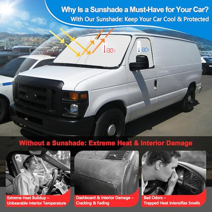 Front Side Window Sun Shade for 1992-2025 Fo-rd E-Series E-150 E-250 E-350 E-450 Van Motorhome, Foldable Window Sunshade Sun Visor Protector, Side Window Shades Sun Shield Blocks UV Rays Heat - size: Silver & Black-Fit Ford E-150 E-250 E-350 E-450