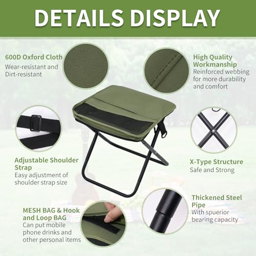 Foldable Camping Stool, Portable Collapsible Chair with Carry Bag, Ultralight Outdoor Folding Stool for Hiking Fishing, Hold Up to 265 Lbs, Green - color: Green