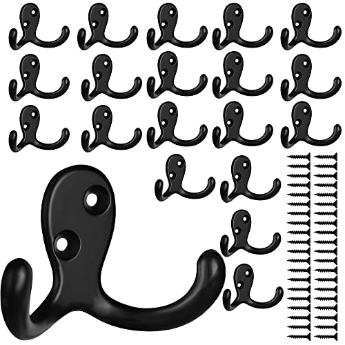 IBosins 20 Pack Heavy Duty Double Prong Coat Hooks Wall Mounted with 40 Screws Retro Double Hooks Utility Hooks for Coat, Scarf, Bag, Towel, Key, Cap, Cup, Hat - color: 20 Pcs Black
