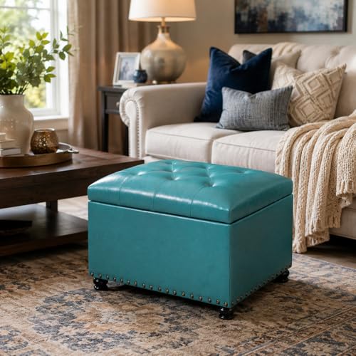 Joveco Leather Storage Ottoman, 24" Rectangle Tufted Upholstered Bench, Foot Rest Stool with Wood Legs, Footstool for Living Room, Bedroom - color: Teal Faux Leather