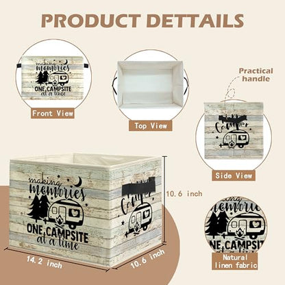Rustic Camping Camper Storage Bin Box with Handles, Making Memories One Campsite at a Time Foldable Linen Fabric Laundry Basket for Home Bedroom Bathroom Clothes Toys Books - color: black