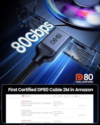 Silkland 80Gbps DisplayPort Cable 2.1 6.6FT/2M [VESA Certified], [8K@240Hz, 4K@540Hz 360Hz 240Hz] DP 2.1 Cable 16K, DP80 HDR DSC HDCP, Display Port Cord Compatible DP 1.4, Gaming Monitor 5090 9070XT - size: 6.6 Feet