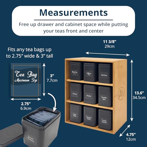 AllSpice Tea Organizer Rack with 9 Tins & 160 Magnetic Labels – Perfect for Bagged & Loose Leaf Tea Organization - Bamboo - color: Bamboo
