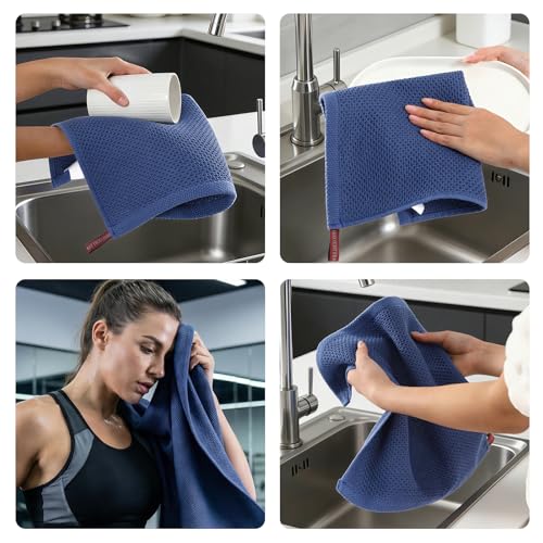 REDKISS 100% Cotton Waffle Weave Bath Towels 4 Pack - 27.5x55 Inches| Lightweight, Quick Dry & Highly Absorbent,Perfect for Spa, Gym, Travel, Guest Bathroom-Blue - color: Blue