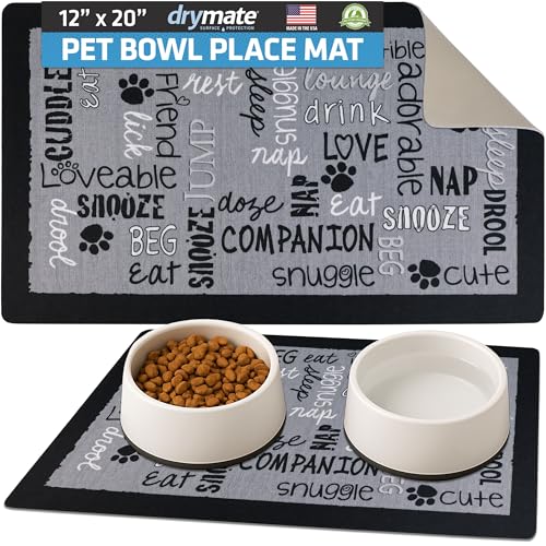 Drymate Pet Bowl Placemat, Dog & Cat Food Feeding Mats, 12x20, Linen Black | Absorbent Fabric, Waterproof Backing, Slip-Resistant, Machine Washable, Contains Spills & Mess, Protects Floors, USA Made - color: Linen Black, size: 20"L x 12"W