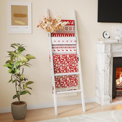 Bamboo Towel Rack 5-Tier Blanket Ladder for Living Room, Bedroom, Bathroom Space-Saving Decorative Ladder for Quilts, Towels and More White - color: White-5tier