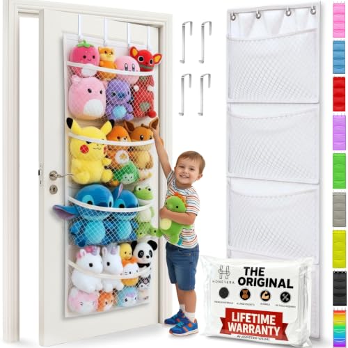 Honeyera The Original Stuffed Animal Storage (Patented) - Over Door Organizer for Stuffies, Baby Ideas Holder, Toy Plush Hammock Hanging Net Big Girls Toddler Large Bag Animals Stuffy Behind - color: White