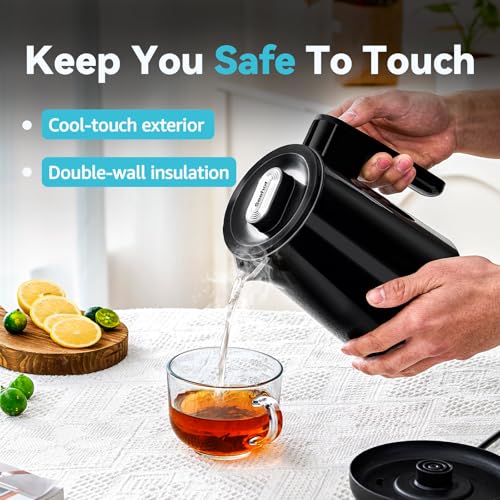 Seehot® 850ml Small Electric Kettle Temperature Control,800W Double Wall Electric Tea Kettle of 304 Stainless Steel,5 Temp Presets,Hot Water Kettle Electric,Auto Shut Off for Tea and Coffee-Black