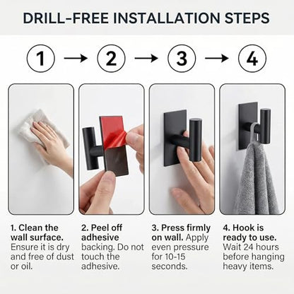 Self-Adhesive Coat Hooks,Towel Hooks for Bathroom,2 Packs Wall Mount Towel Holder,Black Matte Wall Robe Hook,Stainless Steel Heavy Duty Door Hanger Towel Hook for Kitchen,Bathroom