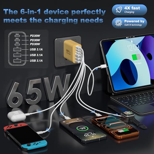 65W USB C Charger Block,6-Port Multi Device Fast Charger PD QC Wall Adapter | GaN technology saves space and reduces heat,ideal for home,office,travel,wide compatibility for iphone & USBC devices（Yellow - color: Yellow