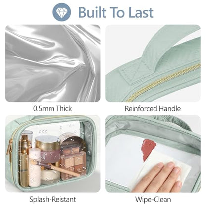 PACKISM TSA Approved Toiletry Bag Combo Pack, 1 Clear Makeup Bag Medium & Large for Checked Luggage, Clear Travel Bag with Handle, Water-resistant Travel Essentials Organizer, Laurel Green