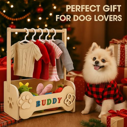 Personalized Dog Wardrobe for Small Dogs – Wooden Clothes Rack with 10 Hangers, DIY Name Plate & Toy Bin | Unique Dog Mom Gift for Chihuahua Yorkie Pomeranian