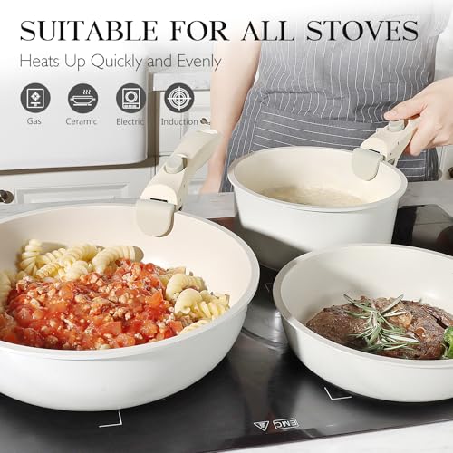 GiPP 5Pcs Pots and Pans Set Non Stick, Cookware Sets Nonstick Detachable Handle, Induction Kitchen Set Removable Handle, RV Cookware set, Oven Safe - color: White, size: 5PCS