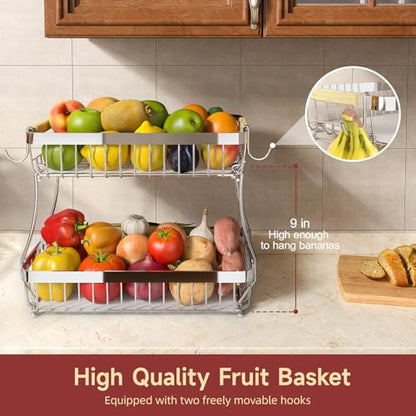 Sevenblue 2 Tier Large Fruit Basket for Kitchen Counter with 2 Mobile Banana Hangers, 2026 Pro Detachable Metal Fruit Bowl with Wooden Handle (Silver, 2 Tier) - color: Silver, size: 2 Tier Standard