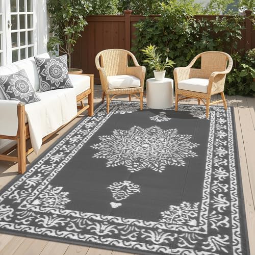 Yamaziot Outdoor Rug 6x9 Ft, Waterproof Plastic Straw Patio Rug, Reversible Backyard Carpet UV Resistant Portable RV Mat Clearance, Large Indoor Outdoor Rug for Patio, Porch, Deck, Balcony, Dark Gray - color: Grey, size: 6' x 9'