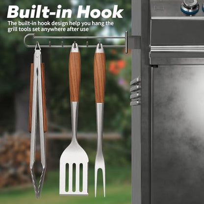 ENLOY Heavy-Duty Barbecue Grilling Tools Set, Outdoor Grill Accessories with Spatula, Fork & Tongs, Extended Rosewood Handle & Food-Grade Stainless Steel for Barbecue & Grill, 3Pcs BBQ Tools for Men