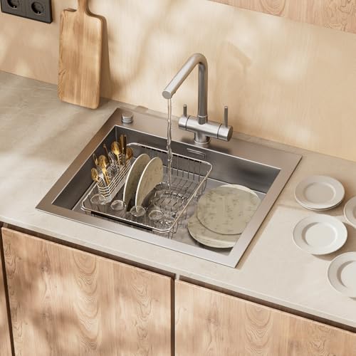 JAQ Over Sink Dish Drying Rack for Medium to Large Sink, Expandable 15.08"–22.4", Adjustable 304 Stainless Steel Dish Drainer with Utensil Holder, Large Capacity Holds Up to 13 Plates - size: 304 Stainless Steel - 13 dishes