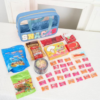 Snack Bags Chenille Letter Patch Clear Bag Snacks Bag for Travel, Preppy Cosmetic Bag Snacks Pouch with Zipper, Toiletry Bag for Traveling women, Clear Travel Bags for Toiletries (Blue-Snack) - color: Blue-Snack