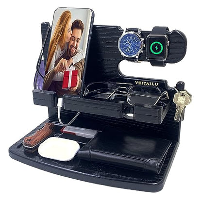 VEIYAILU Gifts for Men Dad Women Husband Boyfriend Him Nightstand Organizer for Men Wood Phone Docking Station Birthday Gifts (Black) - color: black