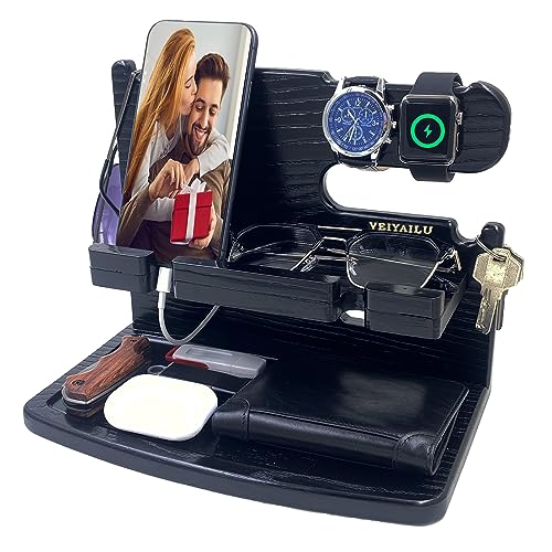 VEIYAILU Gifts for Men Dad Women Husband Boyfriend Him Nightstand Organizer for Men Wood Phone Docking Station Birthday Gifts (Black) - color: black