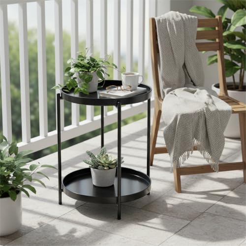 danpinera 2-Tier Round Side Table, Metal End Table with Removable Tray, Small Outdoor Table Accent Table, Anti-Rust Black Nightstand for Bedroom Balcony Patio (Black) - color: Black