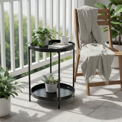 danpinera 2-Tier Round Side Table, Metal End Table with Removable Tray, Small Outdoor Table Accent Table, Anti-Rust Black Nightstand for Bedroom Balcony Patio (Black) - color: Black