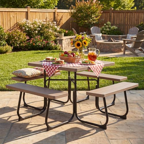 Tangkula 8 Person Picnic Table, Outdoor Square Picnic Table with 4 Built-in Benches, Umbrella Hole, Metal Frame & HDPE Tabletop, Outside Table and Bench Set for Backyard, 2300lbs Weight Capacity - color: Coffee
