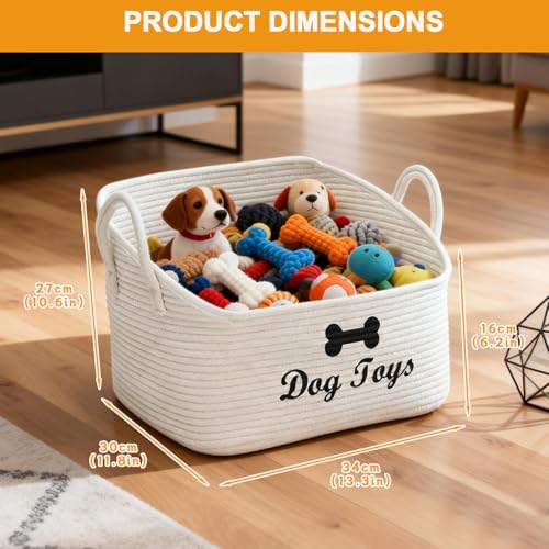 Large Dog Toy Basket-Woven Dog Toy Box for Living Room Area-Trapezoid Pet Toys Bin with Handle-Dog Organizer for Toys,Collar,Leash,Blanket -13.4''x11.8''x10.6''-Beige