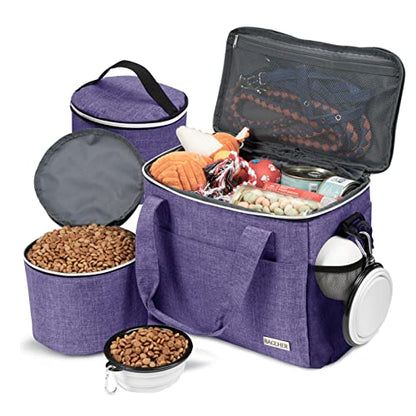 BAGLHER Dog Travel Bag Backpack Pet Supplies Backpack 5-Piece Set with Shoulder Strap 2 Lined Pet Food Containers 2 Foldable Feeding Bowls Essential Kit for Pet Travel - color: Purple, size: Medium
