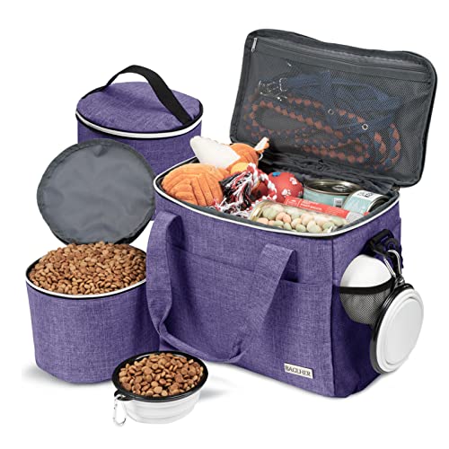 BAGLHER Dog Travel Bag Backpack Pet Supplies Backpack 5-Piece Set with Shoulder Strap 2 Lined Pet Food Containers 2 Foldable Feeding Bowls Essential Kit for Pet Travel - color: Purple, size: Medium