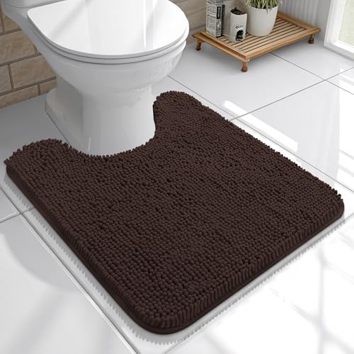 OLANLY Toilet Rugs U-Shaped 20x20, Extra Soft Absorbent Chenille Contour Bathroom Rugs for Toilet, Dry Quickly, Machine Washable, Non-Slip Bath Mat, Brown - color: Brown, size: 20" X 20" Contour Rug