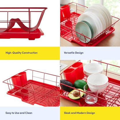 Sweet Home Collection Space-Saving 3-Piece Dish Drainer Rack Set: Efficient Kitchen Organizer for Quick Drying and Storage - Includes Cutlery Holder and Drainboard - Maximize Countertop Space, Red - color: Red