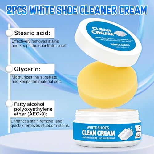 warmow 2PCS White Shoe Cleaner Cream, Multipurpose No-Wash Solid Cleaning Paste with Sponge Removes Stains, Multipurpose White Shoes Clean Cream for Leather Sneakers Soles