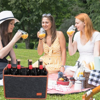 2 Pack 12 Bottle Wine Tote Bag Insulated Thermal Padded Collapsible Wine Carrier with Handles Reusable Felt Storage Box for Travel, Picnic, Party (Dark Gray)