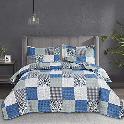 Navy Blue & White Plaid Queen Size Quilt Set - Floral Patchwork Quilt Bedding - Soft, Lightweight, Reversible Bedspread - Home Grey Paisley Floral - color: Floral Patchwork, size: Full/Queen