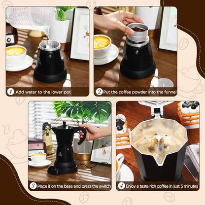 Coffee Pot 6 Cup Electric Espresso Coffee Maker Italian Moka Maker 300ml Portable Aluminum Espresso Machine Cafetera Moka Pot with Detachable Base, Gift for Home Travel(Black) - color: Black