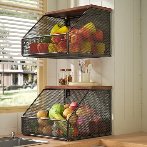 Stackable Fruit Basket for Kitchen Countertop Space Saving, Wall Mounted Mesh Metal Wire Basket with Wood Lid Extra Storage, 2 Pack Kitchen Counter Organizer for Snack, Onion and Potato Storage, Black - color: Black, size: 2 x Extra Large