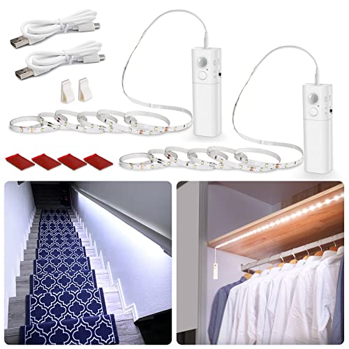 WOBANE Motion Sensor Stair Strip Lights,Rechargeable Motion Activated Closet Light,Battery Powered LED Strip,60 LEDs Homelife Bar for Bed,Pantry,Counter,Night Light,Cabinet,6000K White,6.56ft,2PCS - color: White, size: 2*6.56ft White