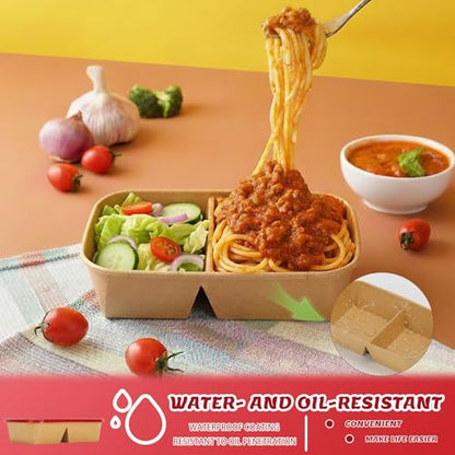 8 Pack 32oz Paper Lunch Box Bento Boxes, 2-Compartment Kraft Brown Paper Take Out Food Containers with Lids, Leakproof & Microwave Safe, Disposable To Go Boxes for Picnics, Offices, Catering, Red - color: Red Lid & Kraft Brown Box
